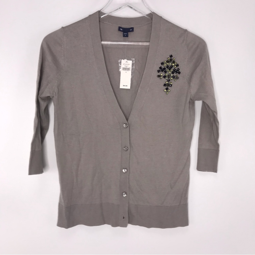 Gap grey cardigan sweater with black and green embellishments. NWT.